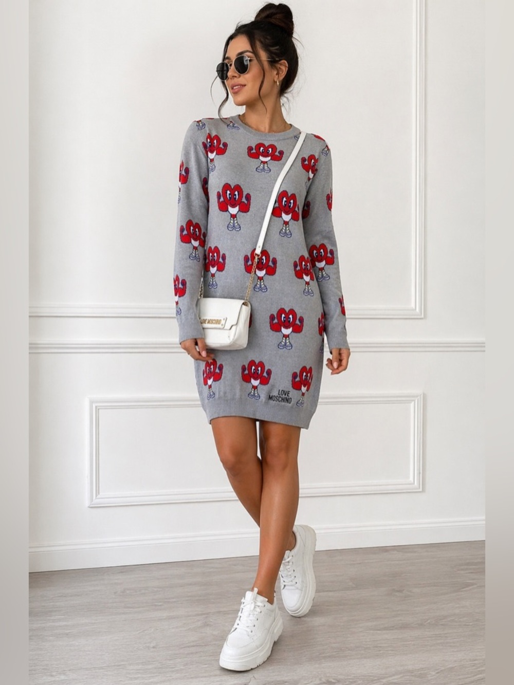 Love Moschino Heart Graphic Sweater Dress Gray Designer Knit Size S